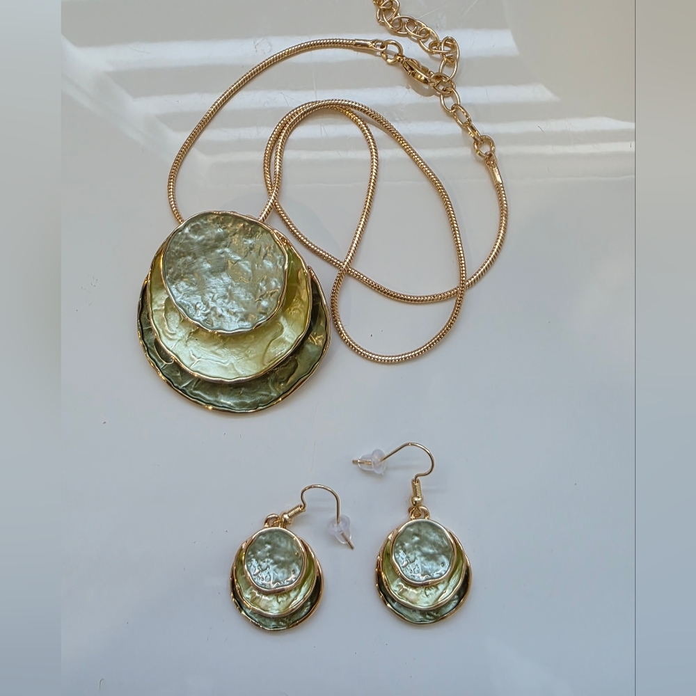 Elegant Gold and Green Layered Necklace and Earring Set Coord